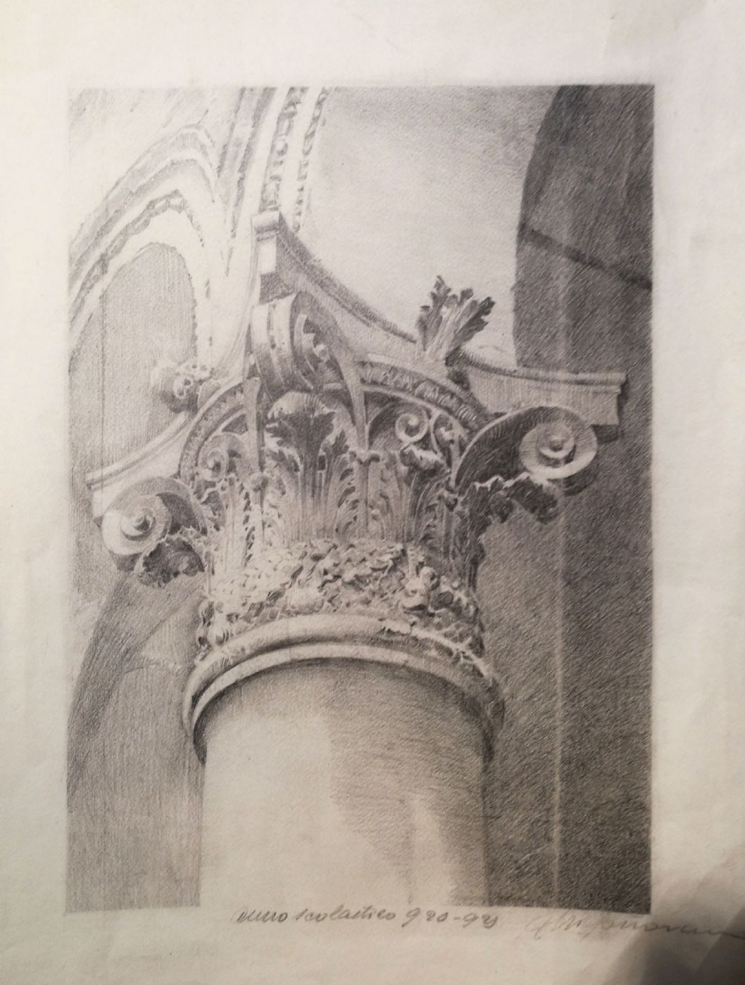 Isabella Pirovano 1890-1976 Disegno a matita Studio di capitello classico cm.40 x 32